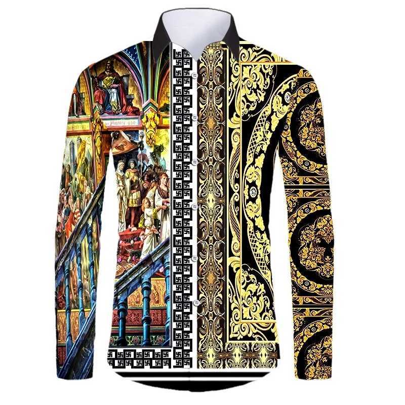 Athleisure High-end Luxury Gold Pattern 3D Printed Long Sleeve Button Down Shirt Mens Street Style Fashion Top Hip Hop Clothing W250312