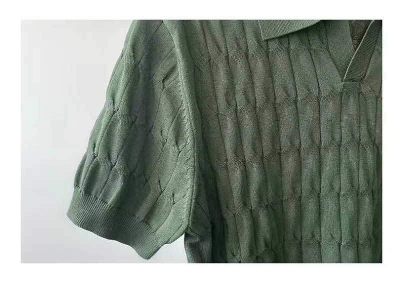 Korean style mens summer collar solid color casual thin knit fashionable slim fit short sleeved shirt 250312