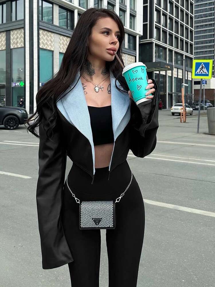Weird Puss Leather Patchwork Denim Crop Jacket Women Fall Contrast Cardigan Turn-Down Collar Long Sleeve Trend High Street Coats