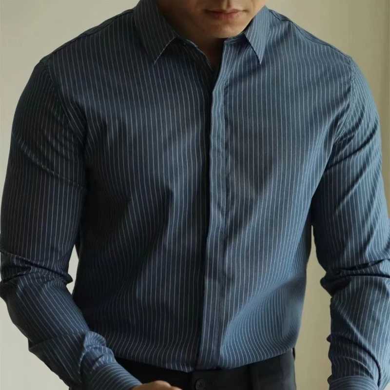 High End Mens Striped Long Sleeved Shirt with Micro Elasticity Formal Wear Casual Business Top W250312
