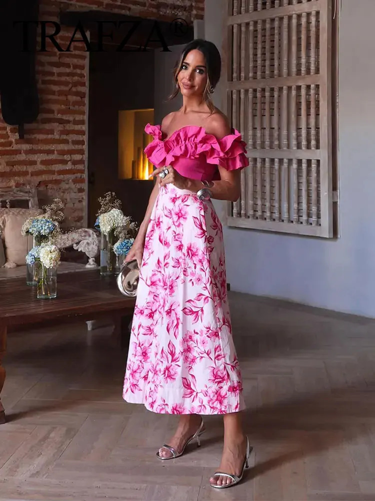 TRAFZA Women Pink Floral Print Skirt High Waist Slim Back Zipper Midi Skirts Elegant Woman Fashion Street ALine 250311