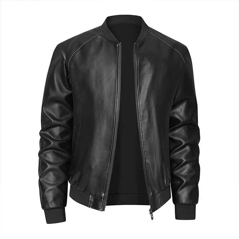 2025 Spring Mens Casual Leather Jackets Solid Stand Collar Zipper Motorcycles PU Outwear Male Autumn Fashion Moto Biker JacketT250311