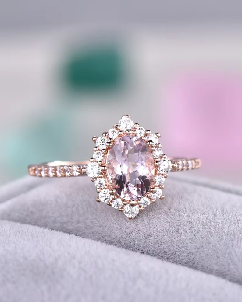 Pink Tourmaline and moissanite Ring 925 Sterling Silver Vintage Design Women Silver Jewelry Engagement Anniversary Wedding Bands