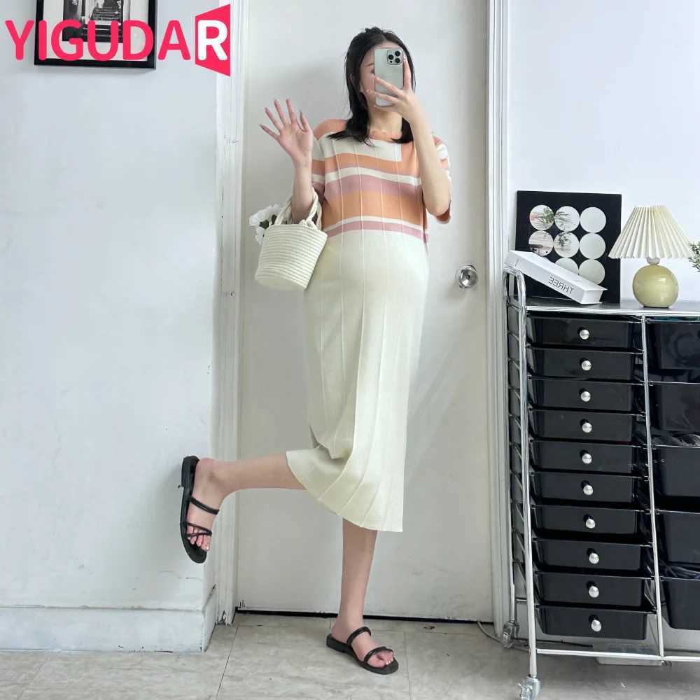 Korean Style Maternity Knit Dresses Summer Turn-down Collar Short Sleeve Block Color Striped Patchwork Pregnant Woman ClothesT250311