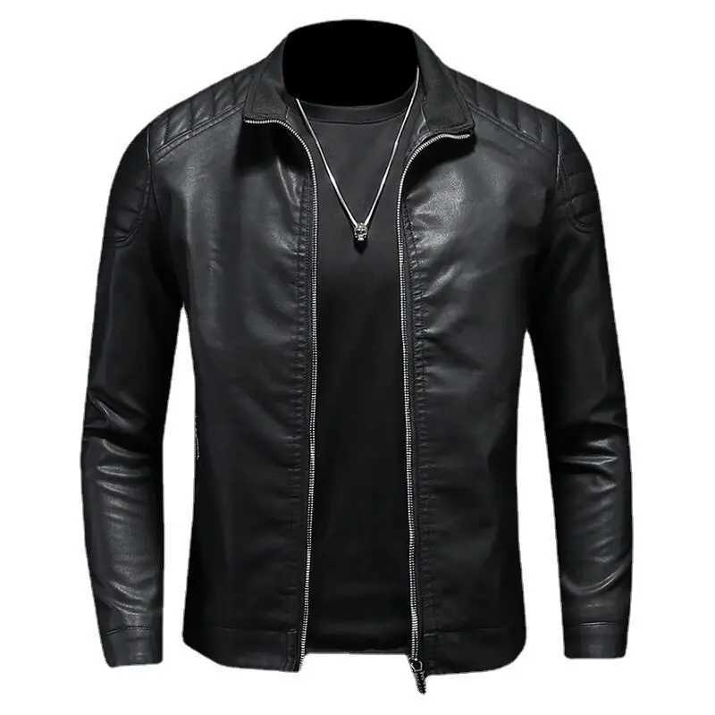 2024 Moto Pu Leather Jacket Men Winter Leahter Jacket Male Stand Collar Casual Windbreaker Trendy Mens Clothing Black BlueT250311