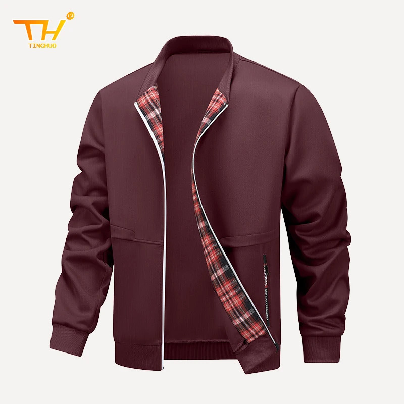 Mens Jacket SpringAutumn Casual Checkered Zipper n Fashion Collar Training Jogging Gym Coat 250312