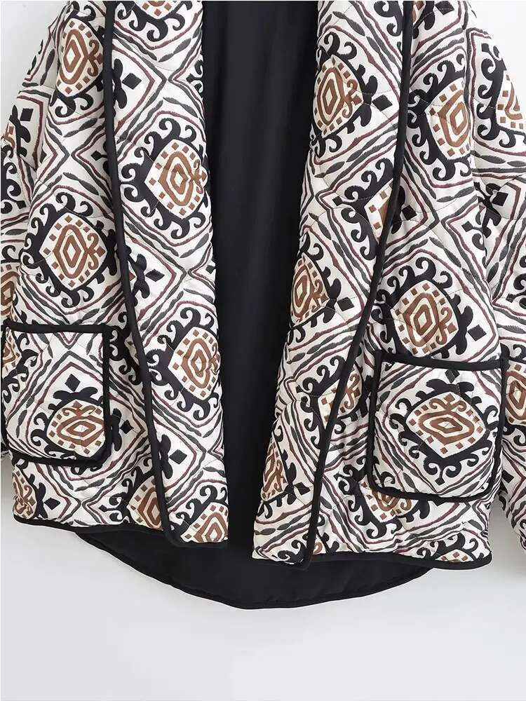 2023 Autumn Printed Quilted Cotton Coat Long Sleeve Winter Jacket Women Cropped Parka Vintage Street Outerwear