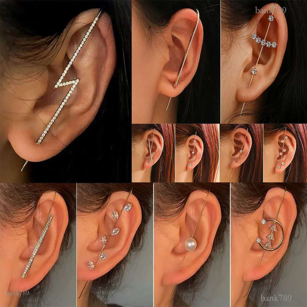 New Ear Needle Wrap Crawler Hook Earrings For Women Surround Auricle Diagonal Stud Copper Inlaid Zircon Piercing Earring /1