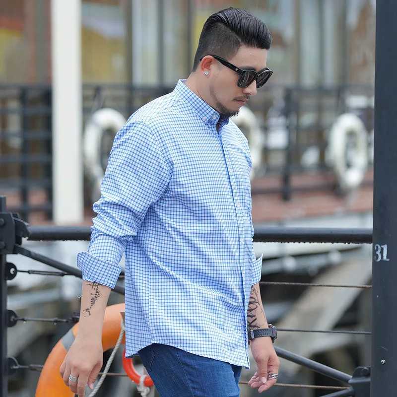 mens long sleeve plaid shirt Youth business casual spring and autumn long-sleeved shirts Blue formal mens loose shirt 8XL 0XL W250312