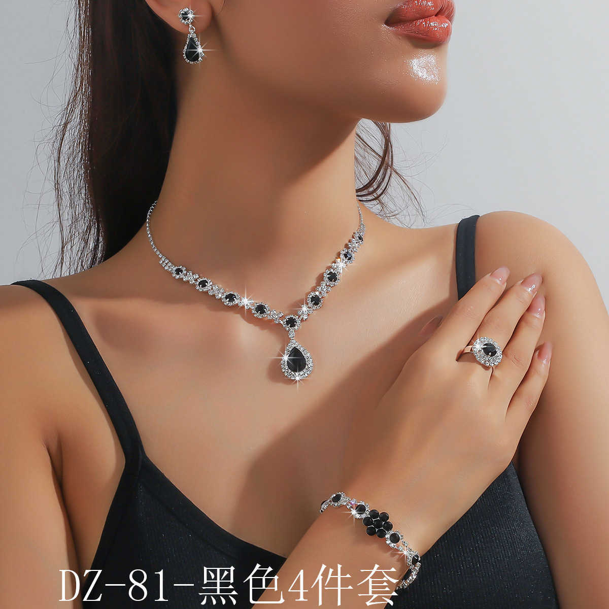 Fashionable green blue and red multicolored rhinestone crystal necklace earrings bracelets rings four piece set W250312