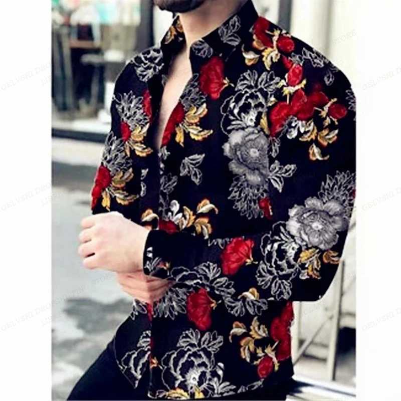 Long sleeved Hawaiian shirt mens fashion shirt floral shirt Cuban beach shirt lapel Camisas floral shirt button W250312