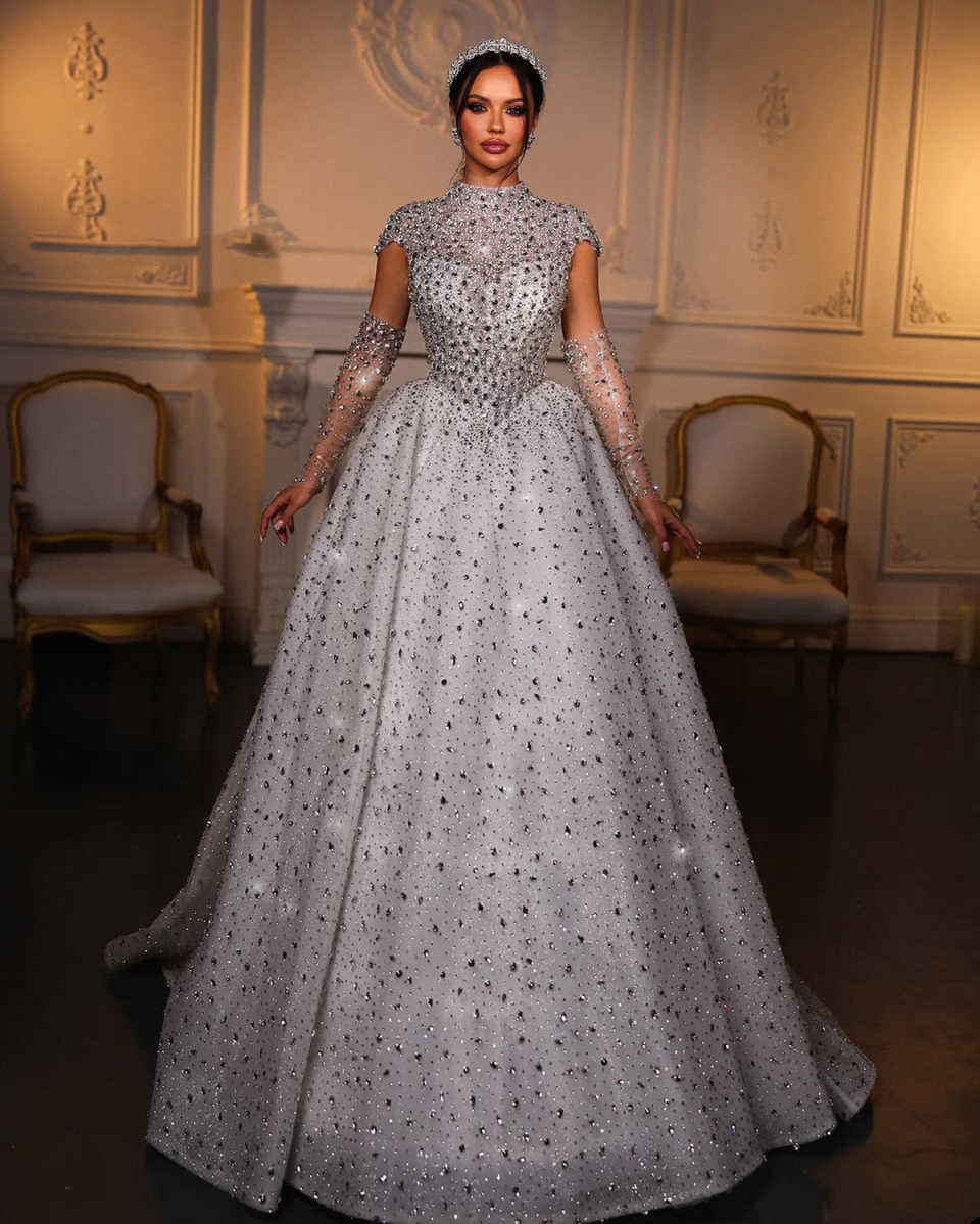 Heavy Handmade Beading Wedding Dresses Sparkly High Neck Removable Long Sleeve Bridal Gowns Sexy Bride Dress Customized