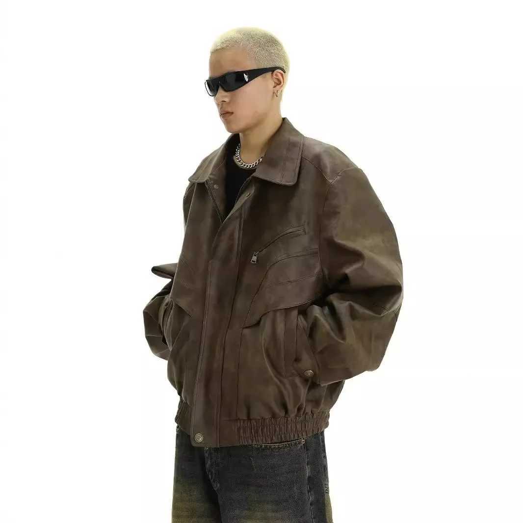 Vintage Distressed Leather Jacket Mens Loose Fit Casual Motorcycle Flying Jacket Autumn Trendy Brand Bad Boy StyleT250311