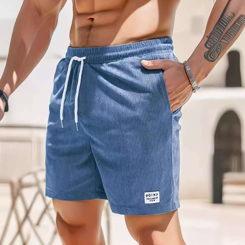 summer solid color lace up sports corduroy simple five quarter men's shorts pants 2025 new casual versatile fashion clothing