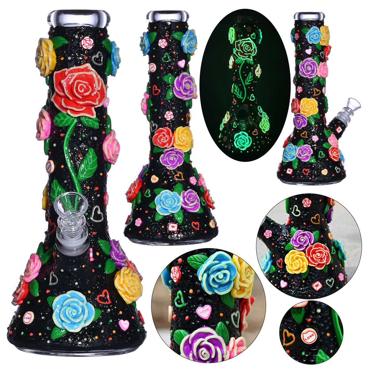 Glass Beaker Bong With Cute Rose & Love,Flowers With Glow In Dark,Borosilicate Glass Water Pipe,Glass Hookah,Polymer Clay Glass Smoking Item With Flow