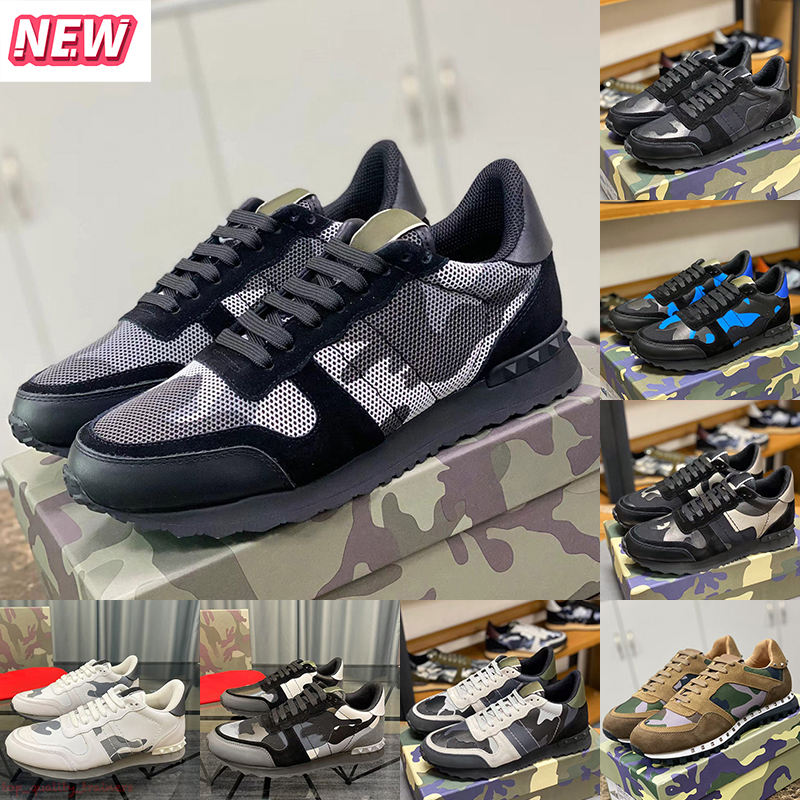 New Luxury Mens Designer Shoes Rockrunner Trainers Camouflage Man Platform Sneakers Rivets Black Mesh Fabric Toile Split Leather Outdoor Sports Casual Shoe dhgate