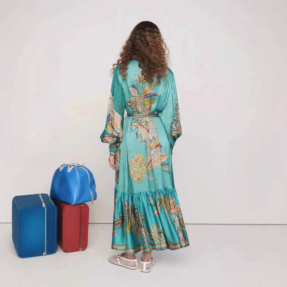 Australian Niche Printed 2024 Autumn And Winter New Item With Lapel, Lantern Sleeves, Waistband, Waist Cinching, Slimming Long Dress