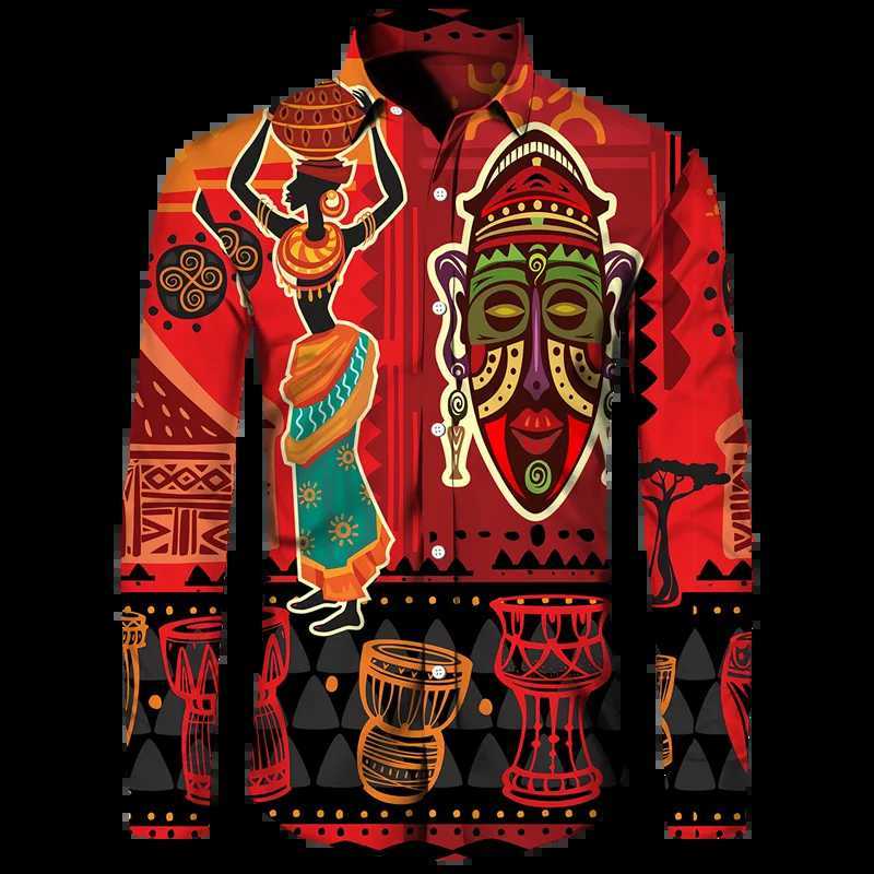 Dashiki African Print Mens Collar Button Shirt Casual Long Sleeve Shirt Fashion Street Clothing Trend Top Mens Clothing W250312