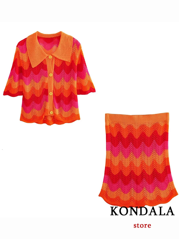 Trafza Chic Hollow Knitted Wave Cut Striped Womens Set Button Short Sleeve Top Mini Skiing Summer Street Dress Sweetheart 250312