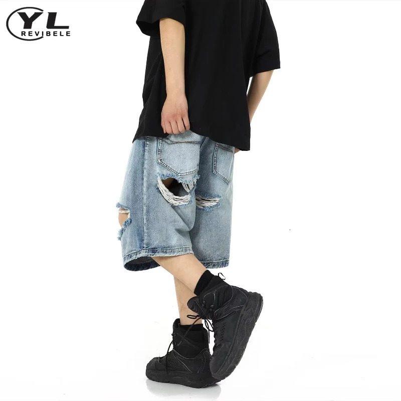 American hole jeans shorts mens summer fashion hiphop Harajuku washed denim street wide leg casual five point pants 250312
