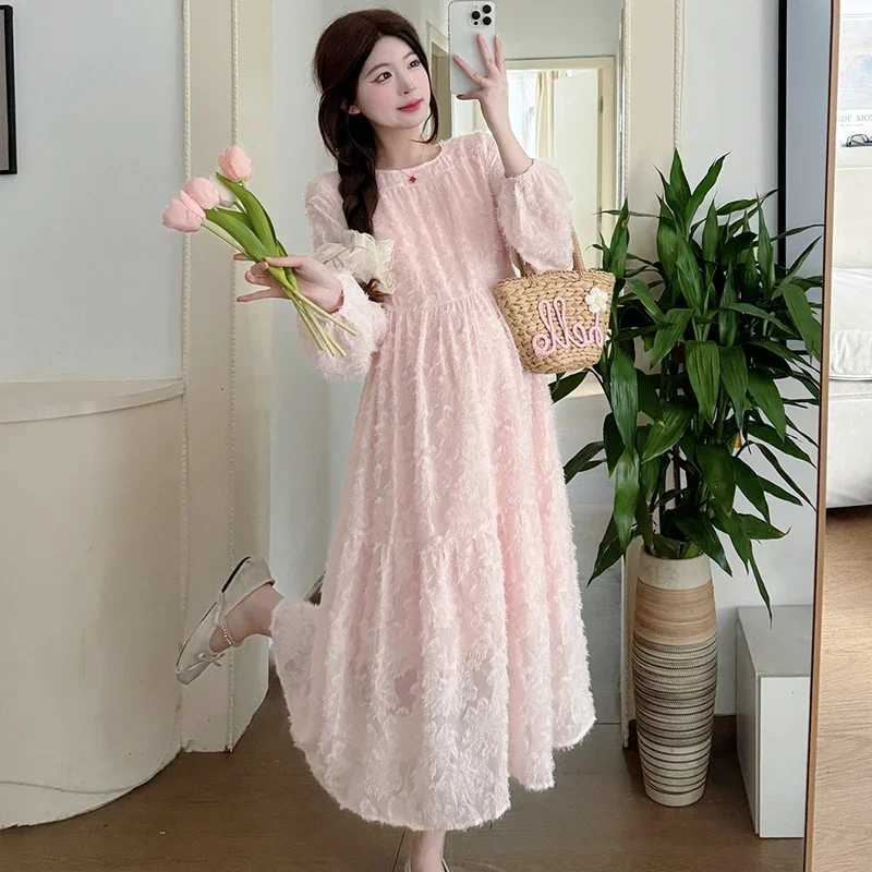 2025 Spring Maternity Chiffon Dress Long Lantern Sleeve O-neck Fashion Pregnant Woman Beach Dress Plus Size Pregnancy ClothesT250311