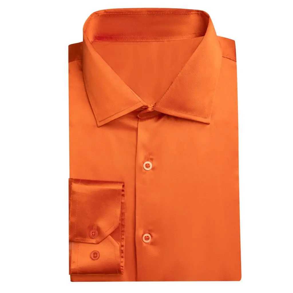 Hi Tie Orange Plain Silk Mens Shirt Flip Collar Long Sleeve Dress Soft Shirt Mens Formal Casual Wedding Business Oversized W250312