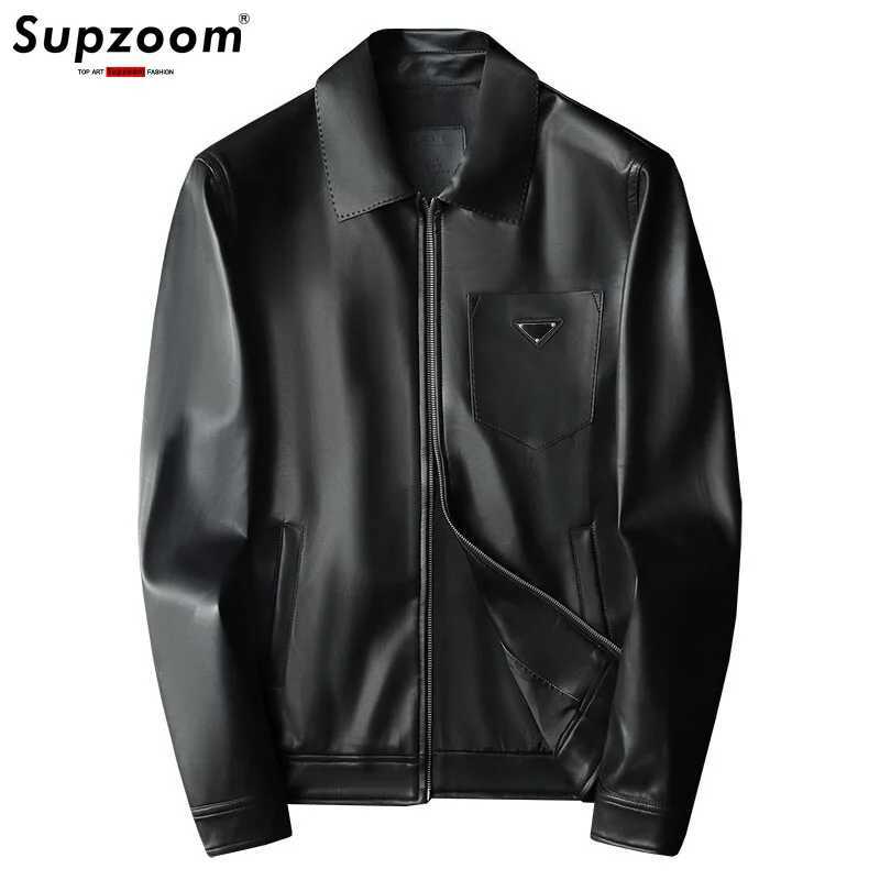 Supzoom New Arrival Top Fashion Autumn And Winter Pu Triangle Mark Synthetic Leather Black Leisure Jacket Men CoatT250311