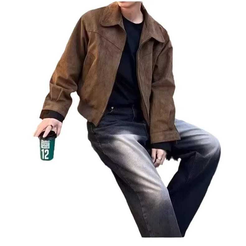 Autumn Winter Korean Style Mens Loose Fit Chamois Leather Flight Jacket Casual Trendy Lapel Zippered Hooded Warm Comfortable OuT250311