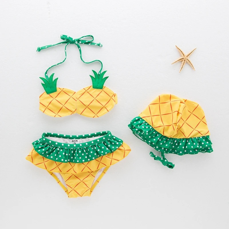 Baby Swimwear Kids Girls 3 Pieces Swimsuit Bikini Summer Children Cute Strawberry Pineapple Swimwear For Beach Vacation 250311