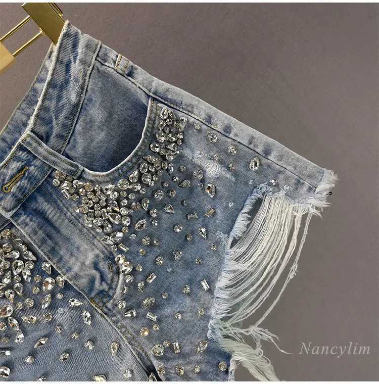 Open collar wide leg denim shorts for womens 2023 summer new high waisted Exquisite Rhinestone hot pants for womens shirts jeans shorts X250312