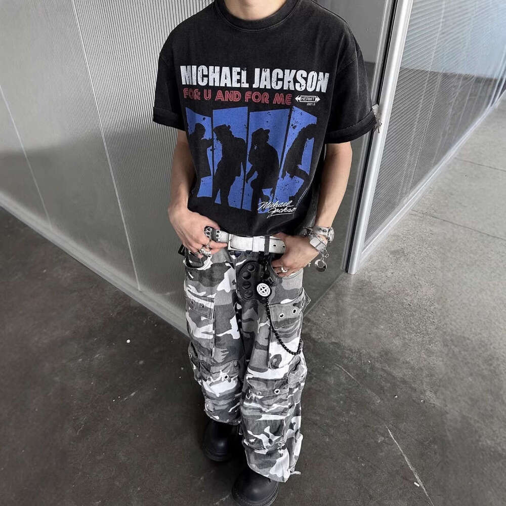 Cargo Black And White Camouflage Denim Spliced Waist Multi Pocket Shell Work Pants Y2k