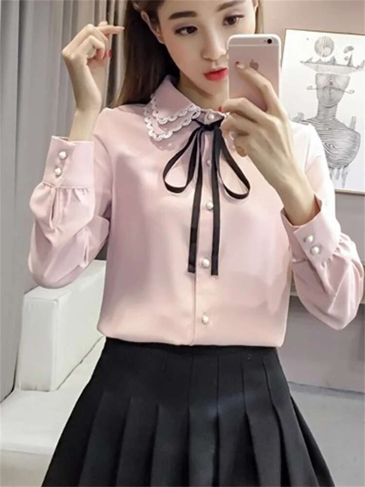 Women Spring Autumn Style Vintage Blouses Shirts Lady Casual Long Sleeve Turn-Down Collar Pink White Blusas Tops Df3089