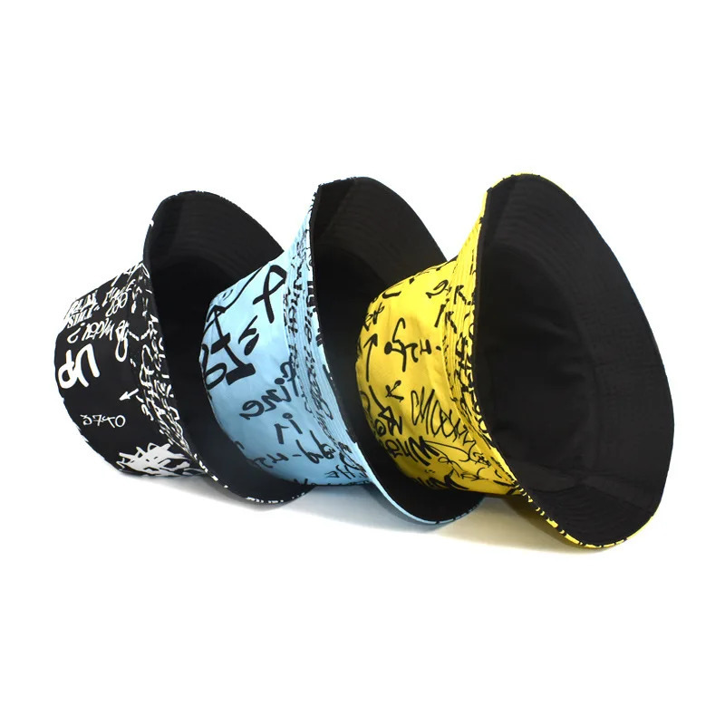 Bocca Letter Graffiti Bucket Hat Double Sides Reversible Panama Fisherman Hats Men Women Outdoor Sun Cap Fashion 2023 Style 250304