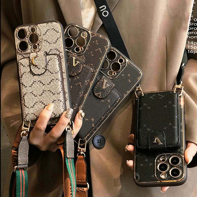Phone Case Designer iPhone Case for Apple iPhone 16 15Pro Max 13 12 14plus S25 S24 Ultra Fashion Crossbody Wallet Card Holder Gold Edging Luxury Lanyard Mobile Cover