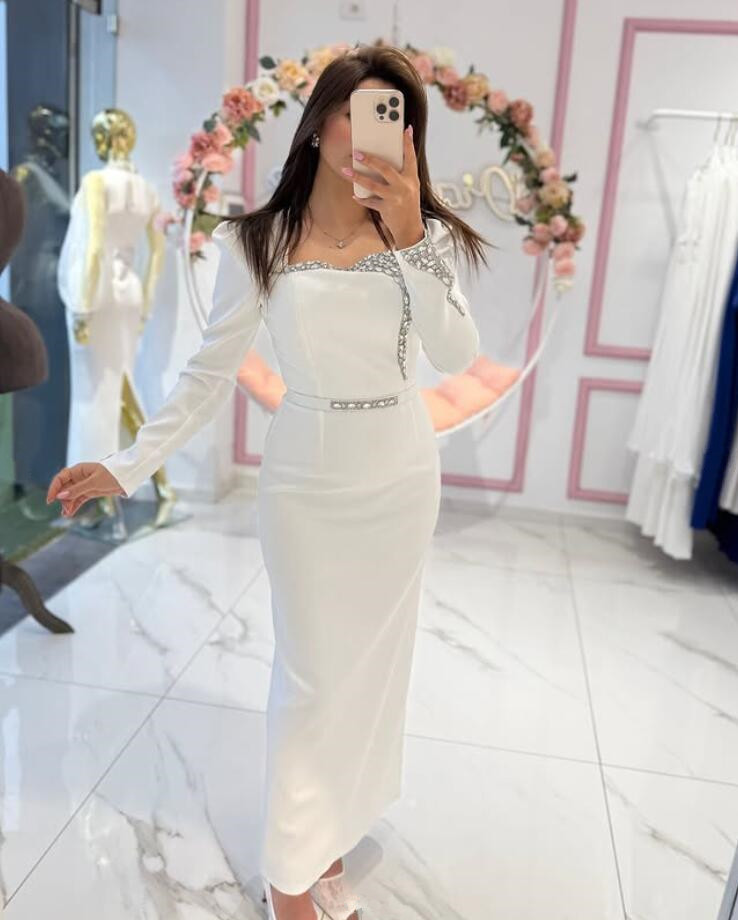 White Saudi Dubai Evening Formal Dresses Customsized Crystal Beaded Long Sleeve Sheath Arabic Bride Wear Prom Gown 2025