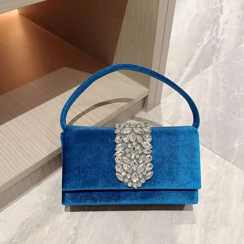 Autumn Winter New Handbags Retro Veet Blue Black Evening Bag Clutch Handle Handbag For Women Dinner Party Rhie Clutches