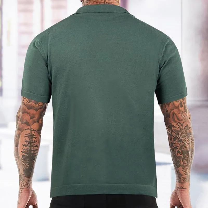 Summer Clothing Mens y Knitted Short Sleeve Polo Shirt Retro Lapel Buttondown Patchwork Fashion Business Leisure Knitwear 250312