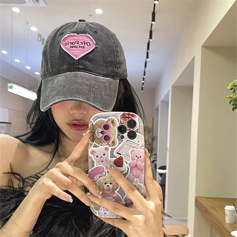 Korean Women Baseball Cap Spring and Summer Retro Love Heart Embroidery Hat Girls Fashion Patch Sunshade Soft Top Caps 250311