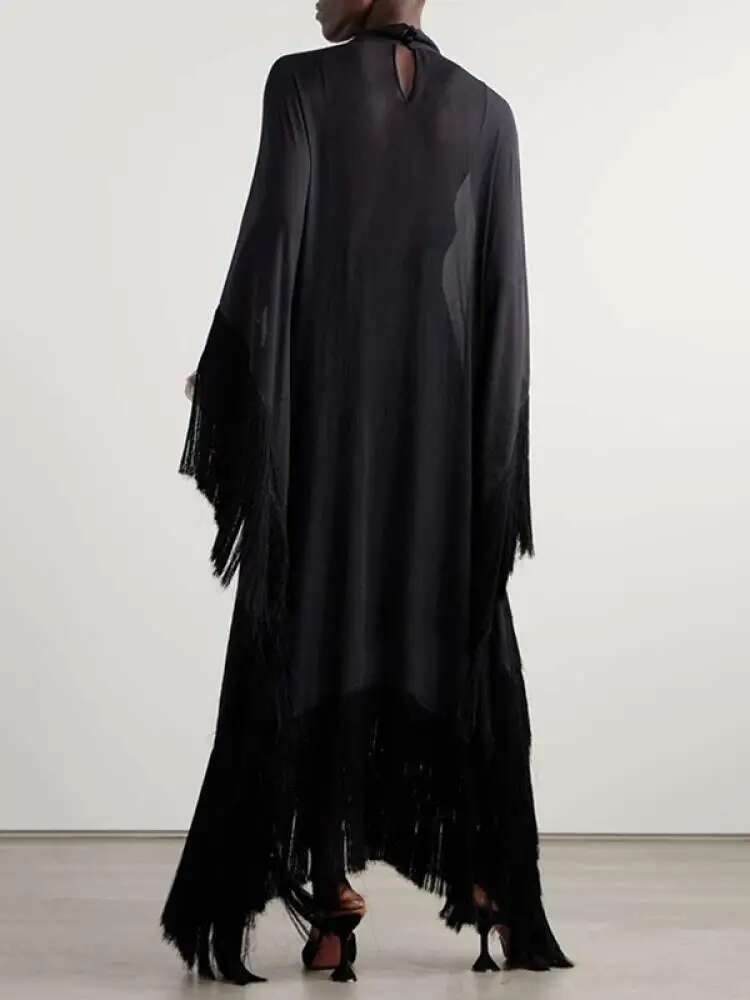 Yeezzi 2024 New Spring Fashion See-Through Tassel Party Dresses Women Batwing Sleeves Solid Color High-Neck Two Piece Set Dress