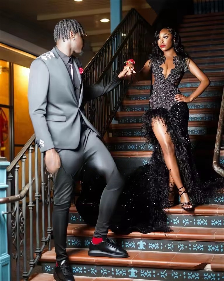 Customized Beaded Mermaid Prom Dress Black Girls Birthday Party Gala Evening Gown Sexy Sequins Slit Ferther robes de soiree
