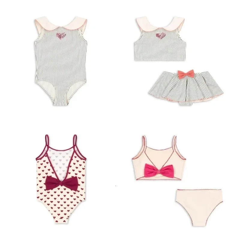 Girl Swimwears Stripe Long Sleeved Swimsuit Bow Baby Girls Swimwear Beach Shorts Kids Vacation Sunscreen Swimsuits 250311