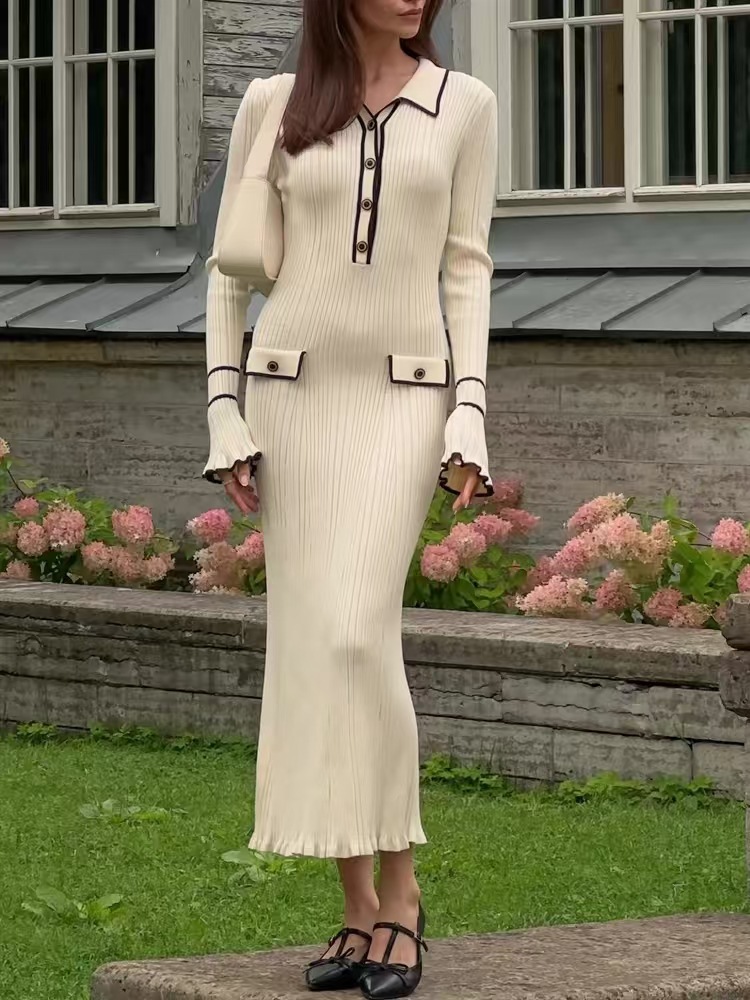 2025 fashionable lapel long sleeved ruffle button trimmed slim fit dress for women elegant slim fit knit skirt