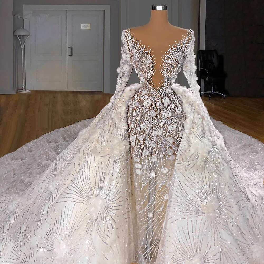 Scoop Neck Wedding Dresses Long Sleeves Pearls Detachable Train Wers Sequined Bridal Dress Vestidos De Novia B0312