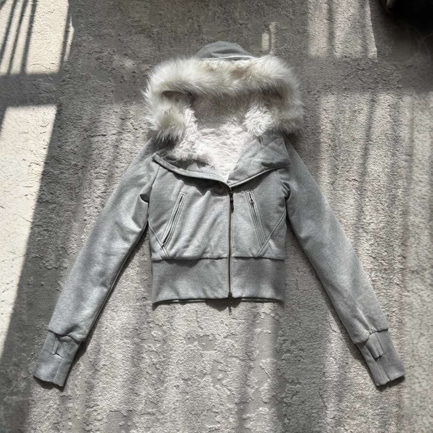 Autumn And Winter Hooded Fur Collar With Plush Inner Lining, Short Hoodie Women's Slimming Zipper Cotton Jacket, Y2k Cardigan