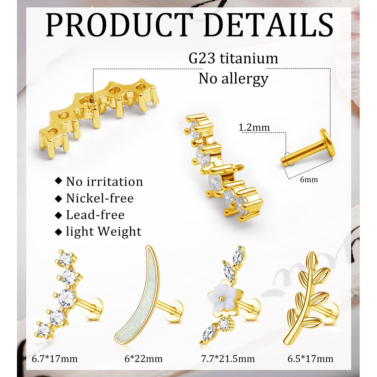 TUPMI G23 Titanium Cartilage Earrings for Women 16G Pure Titanium Flat Back Stud for Sensitive Ear 14K Gold Cartilage Opal CZ Earrings Internally Thre