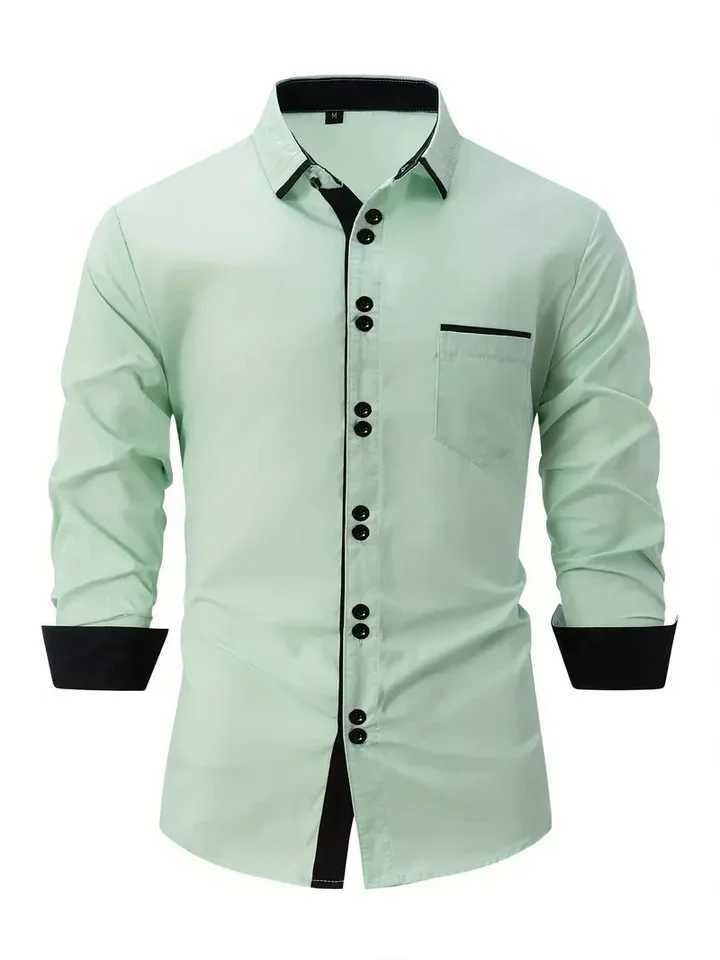 Mens Business Casual Cotton Shirt with Pocket Color Matching Lapel Comfortable Long Sleeve Top for Holiday W250312