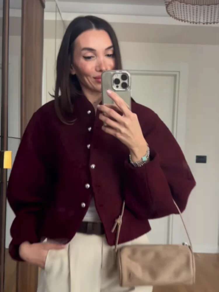Elegant Round Neck Full Sleeve Split Slim Cropped Jacket Women Fashion Single Breasted Short Coat 2025 Lady New Spring Outwear