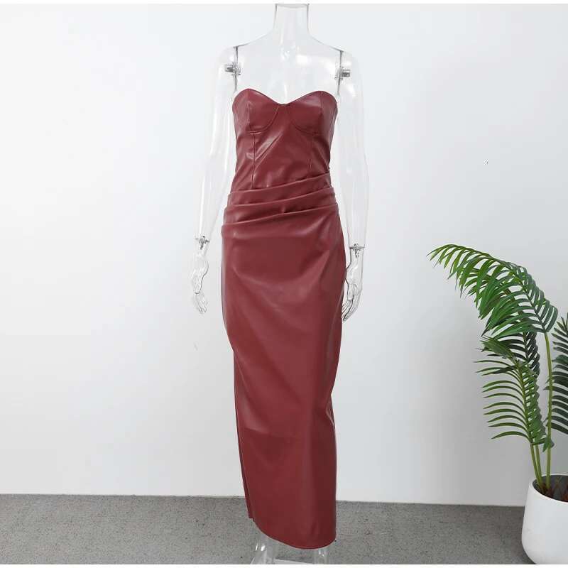 Women Bury Sexy Pu Leather Strapless Dress Fashion Backless Sleeveless Long Gown 2025 New Female Evening Party Prom Robe