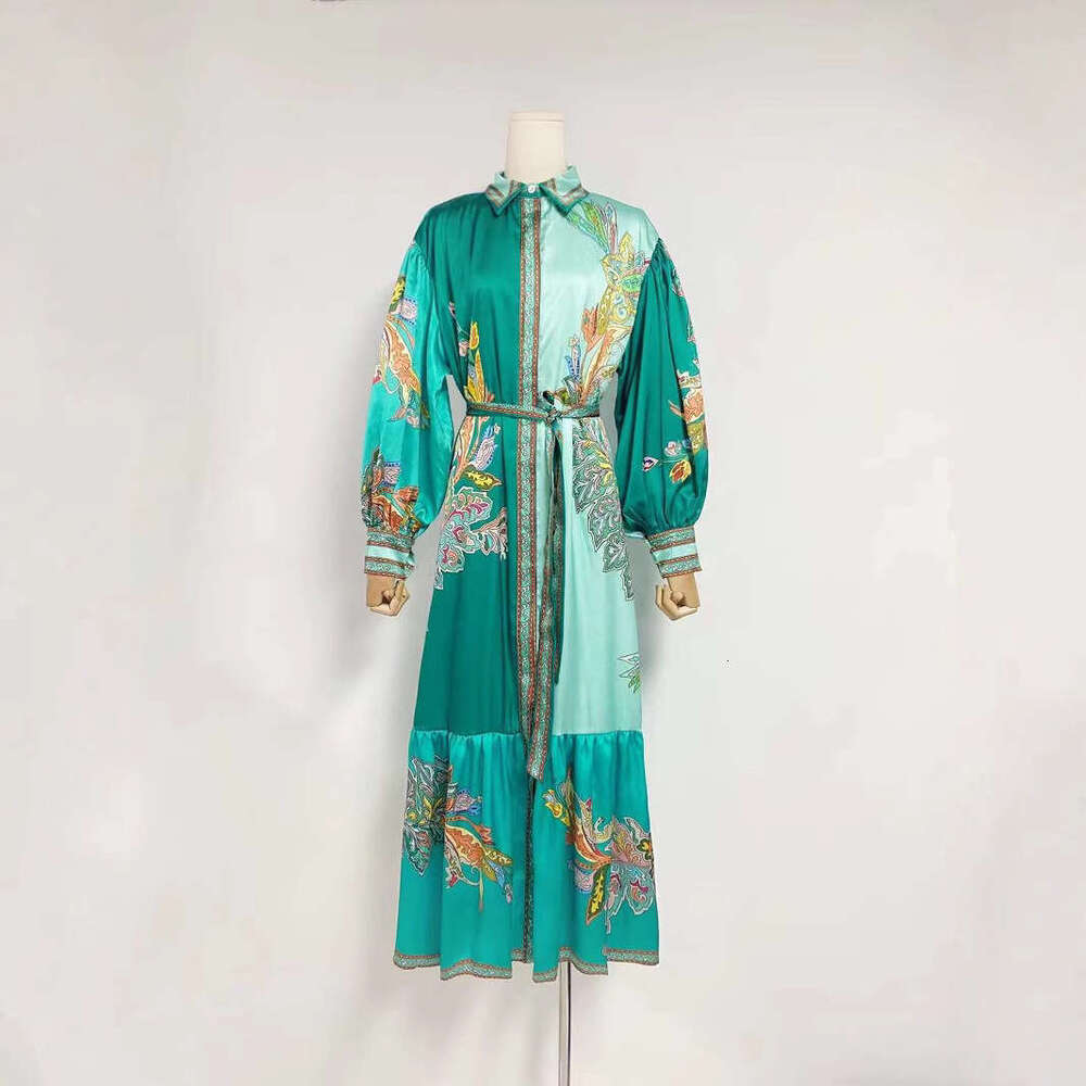 Australian Niche Printed 2024 Autumn And Winter New Item With Lapel, Lantern Sleeves, Waistband, Waist Cinching, Slimming Long Dress