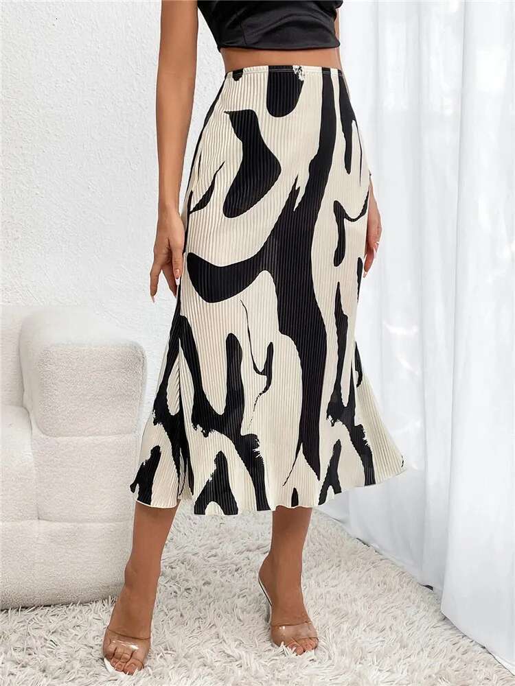 Dr Casual Graphic Print Pleated Long Skirts Women Autumn Fashion Elastic High Waist Geometry Midi Skirt Streetwear 2023